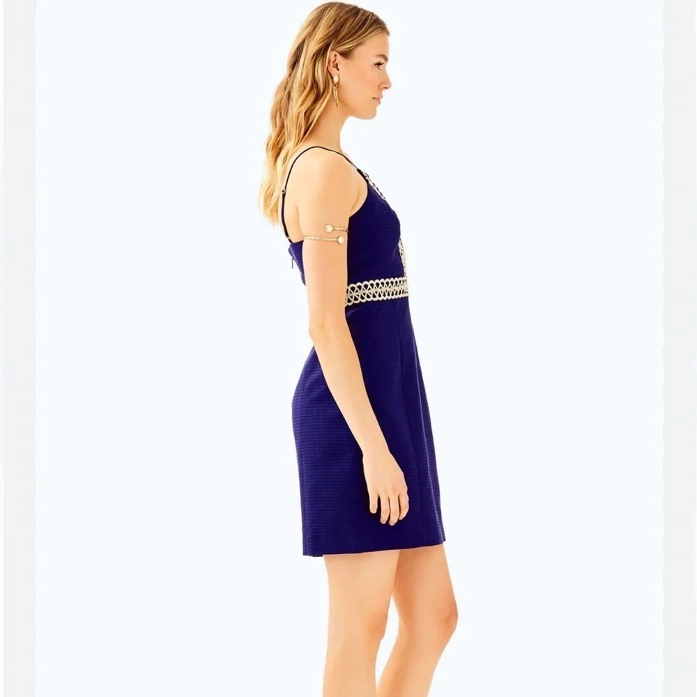 Lilly Pulitzer Golden Embroiled Trista Cotton Shift Halter Neck Dress Navy Blue